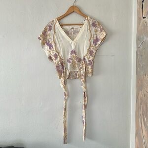 Free People Floral Linen Top with Waist Ties - XS